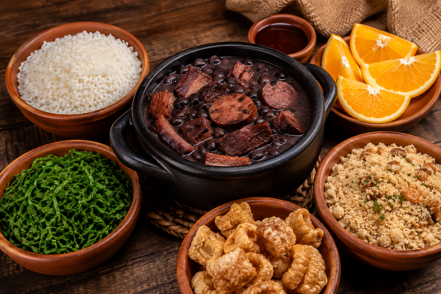 Feijoada completa da Casa de Vó Luiza servida com arroz, farofa, couve e laranja